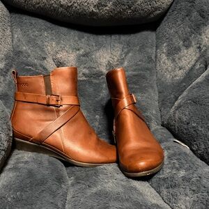 Ecco Women's Cognac Brown Leather Ankle Boots with Strap Detail